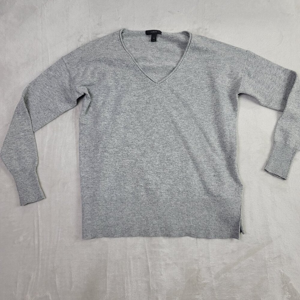 J. Crew Gray Wool Ribbed Hem Slit V-Neck Supersoft Women's Sweater | Size XS